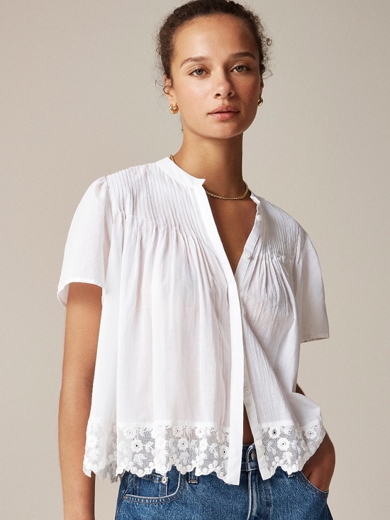 New J.CREW Size L Lace-Trim Pintuck Top in Cotton Voile White $98 CK051 - Picture 2 of 5
